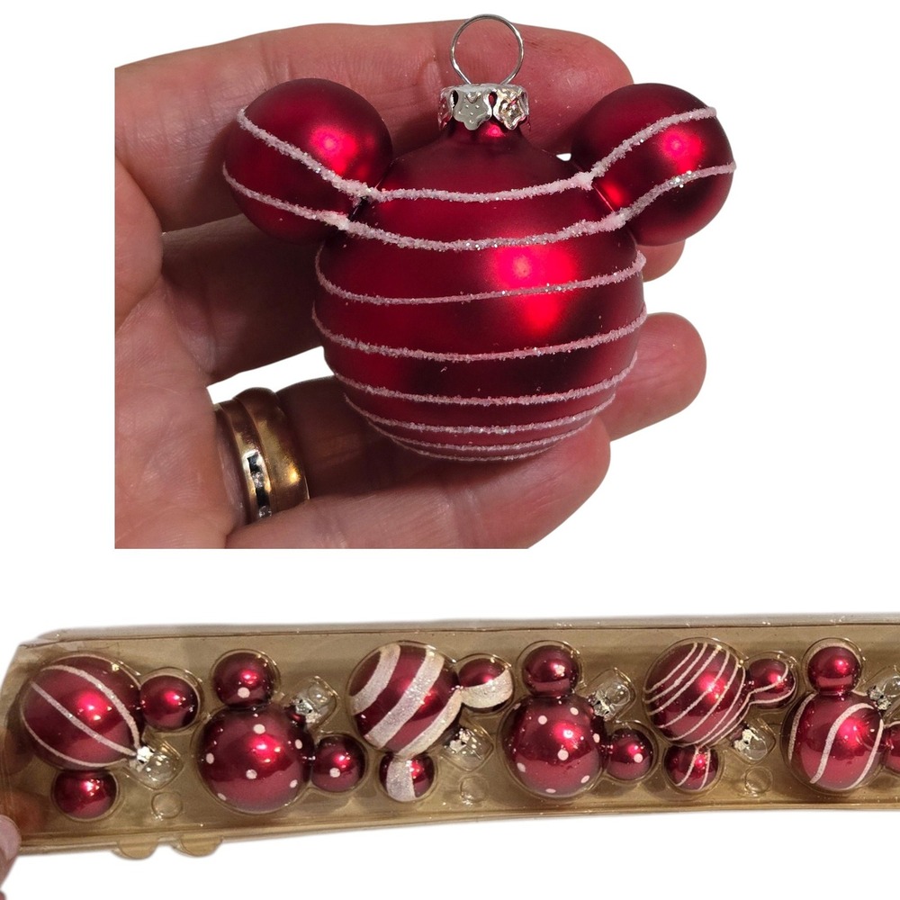 10 Disney Parks Icon Ornaments Set Red Mickey Mouse Ears white Glass Glitter 2"